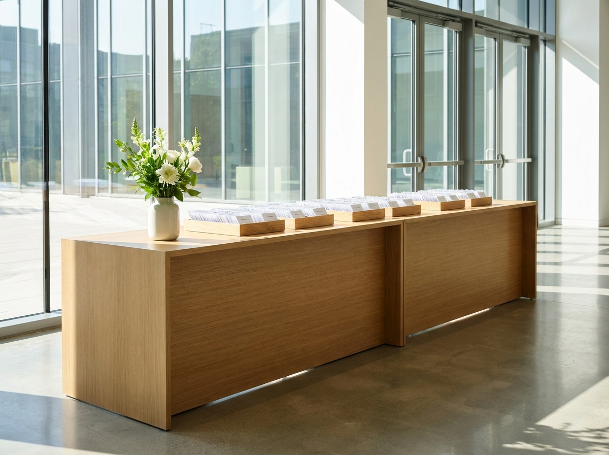 An organized and professional registration area for a design conference.