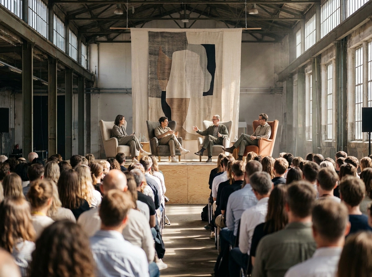 A panel of speakers discussing topics at a professional design festival.