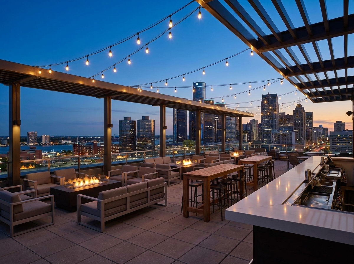 A rooftop event space in Detroit at dusk, set up for a party.