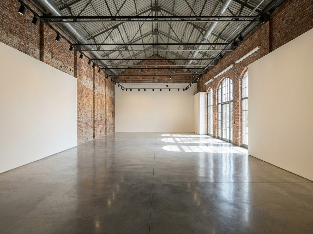 An empty art gallery in Detroit with track lighting, prepared for an event.