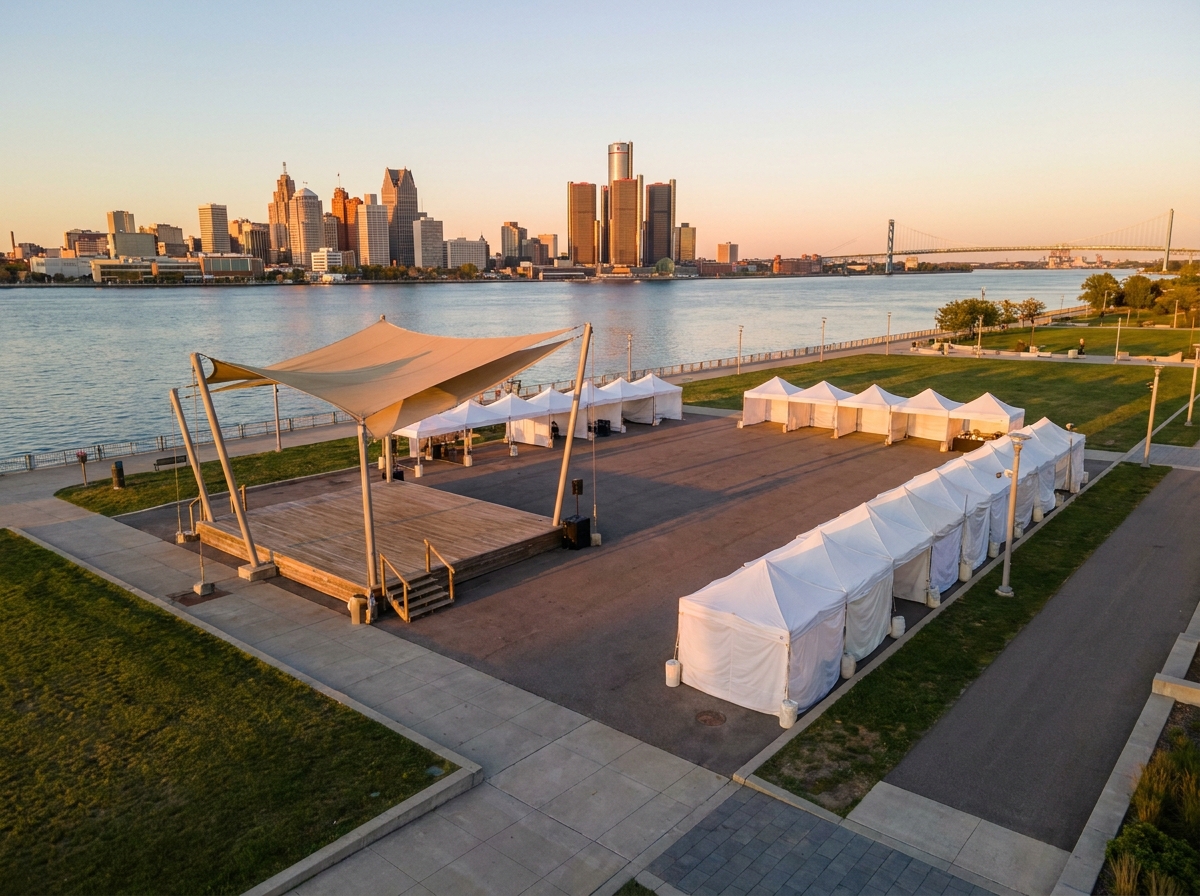 An outdoor festival space on the Detroit RiverWalk, set up for an event at sunset.