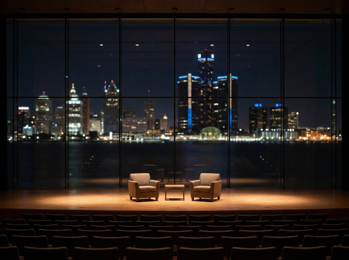 An empty stage prepared for a professional panel discussion in Detroit.