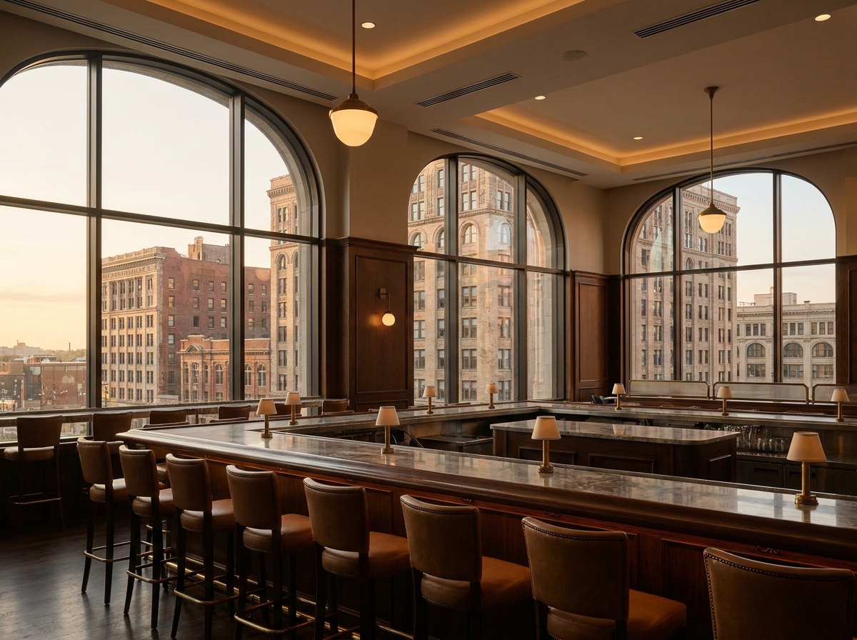 An empty bar set for a professional networking happy hour in Detroit.
