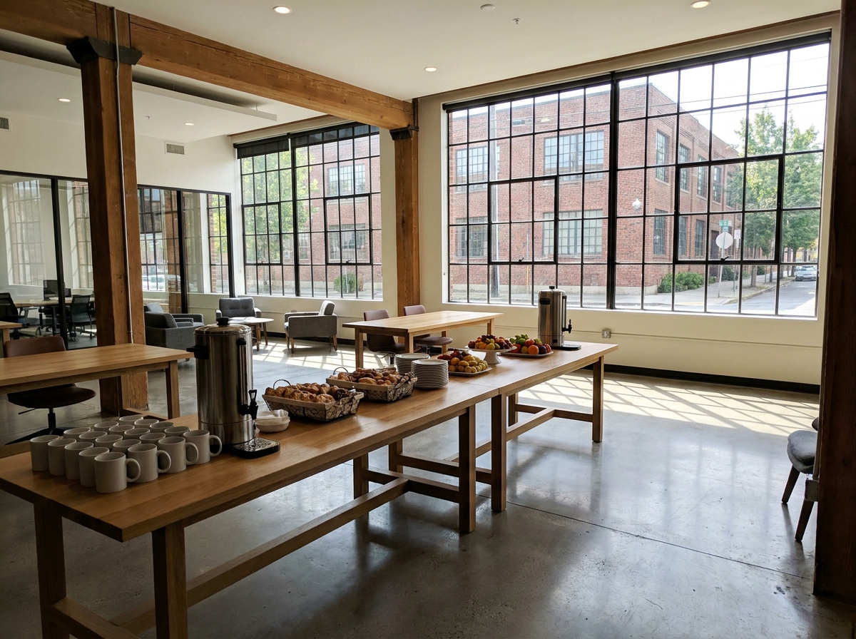 An empty coworking space in Detroit set up for a business networking breakfast.