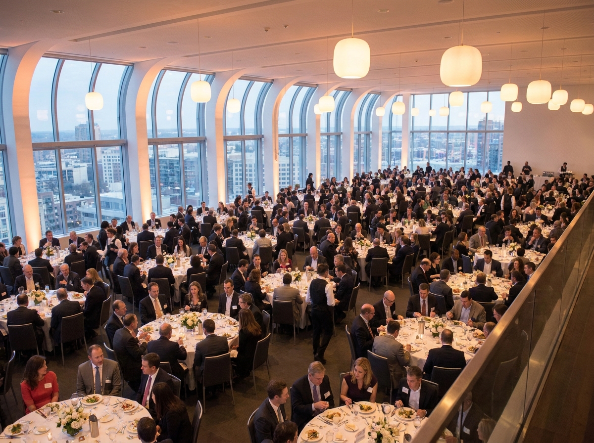 Attendees seated at tables during a large networking dinner event.