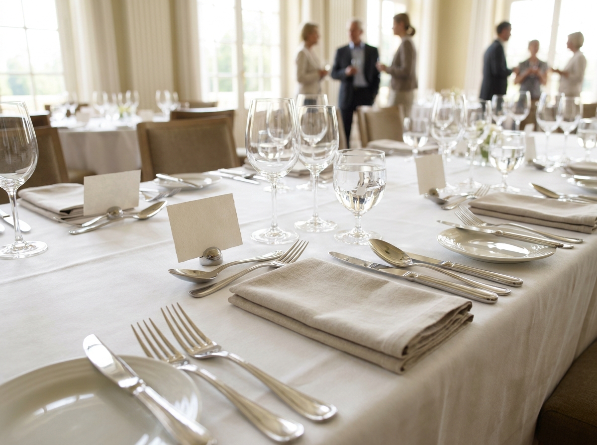 Elegant place settings prepared for guests at a formal dinner event.