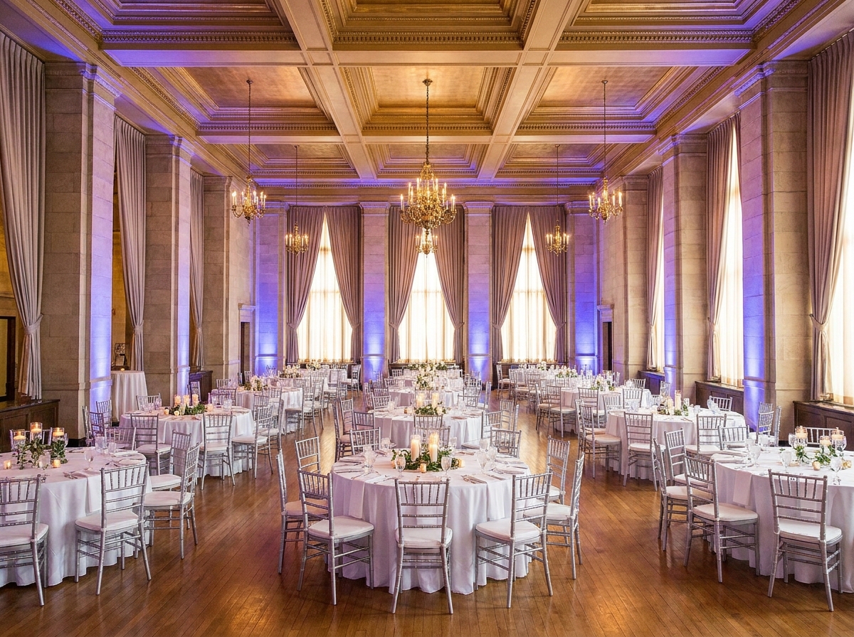 A large, empty ballroom with tables set for a formal networking dinner.