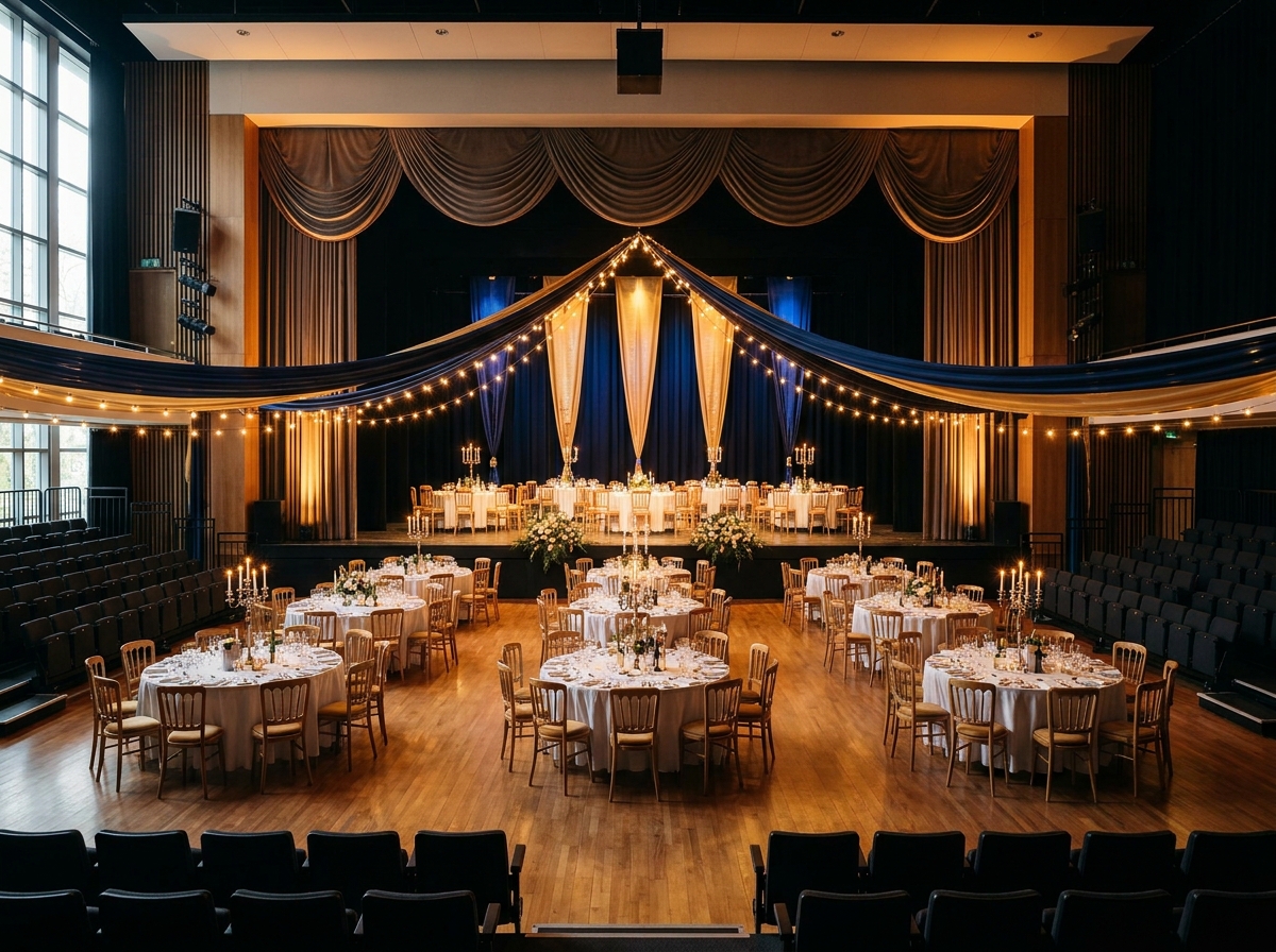 A decorated stage in a school auditorium set for a dinner event.