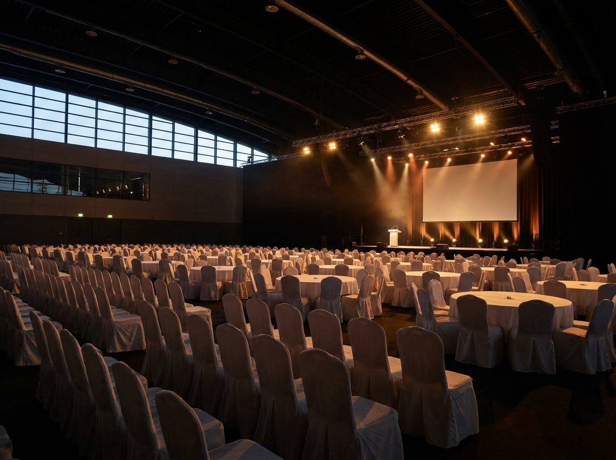 Neatly arranged seating at a large dinner event venue.