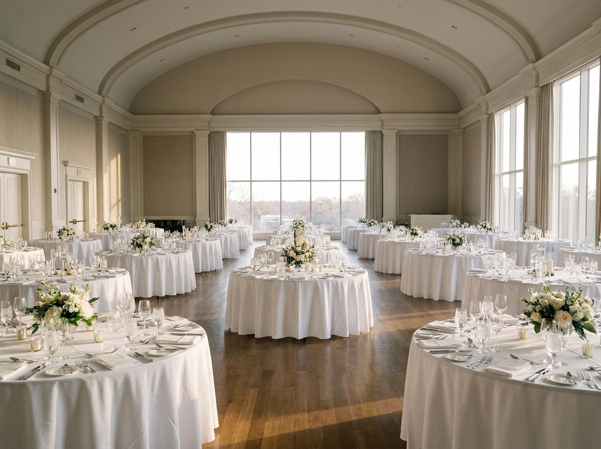 A large hall with round tables prepared for a gala dinner event.