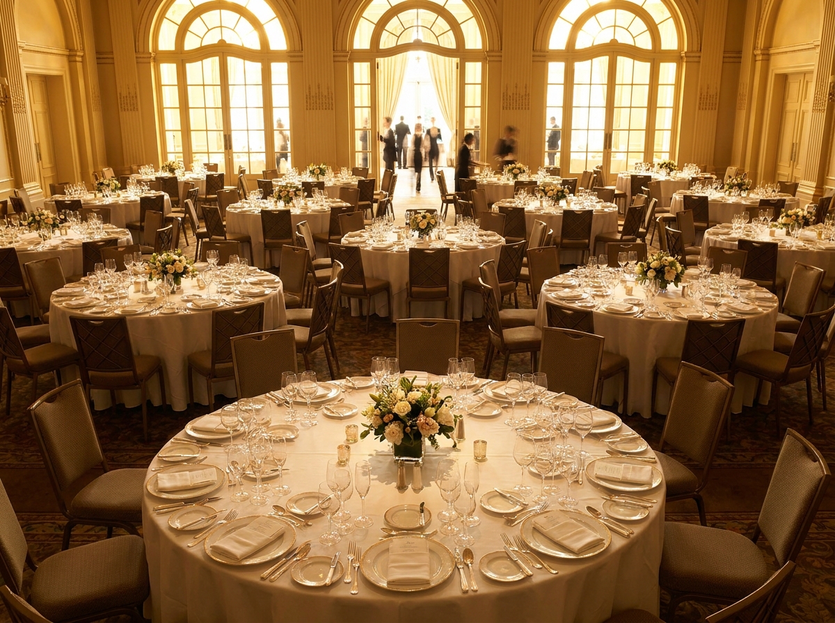 Round tables set for a large dinner event.