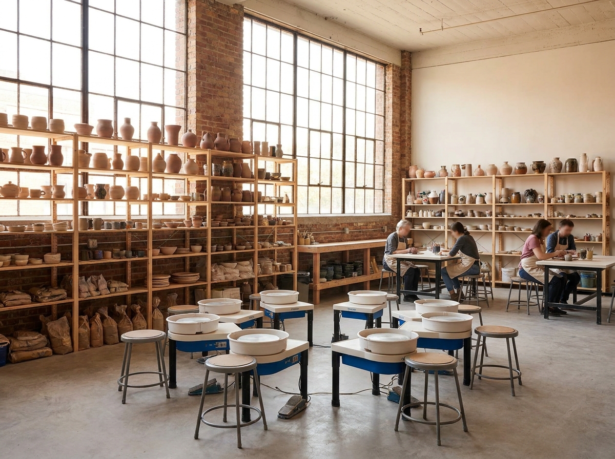 An empty pottery studio with wheels and shelves of ceramics, prepared for a DIY class.
