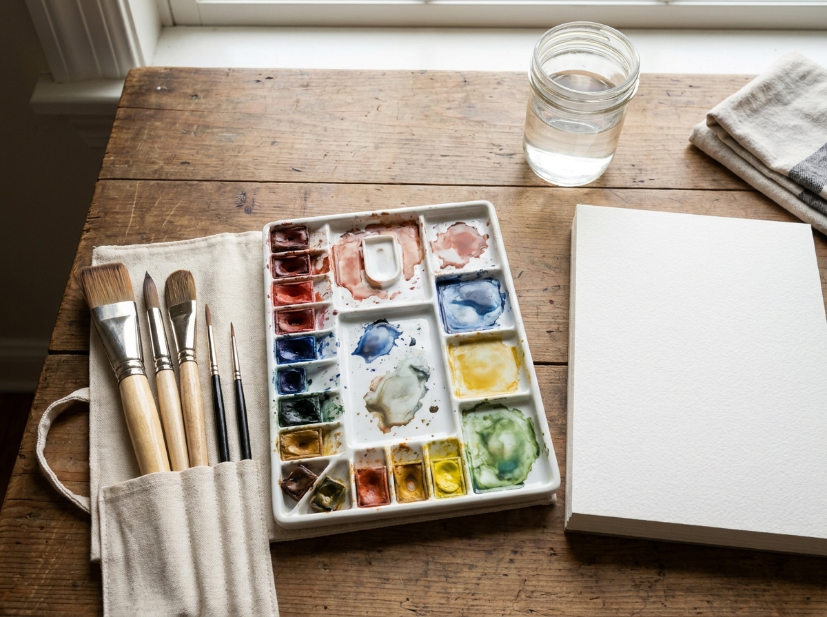 A set of watercolor painting supplies for a DIY art workshop.