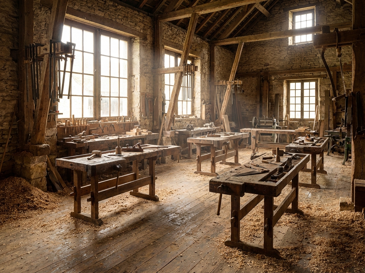 A woodworking shop with tools on benches, set up for a DIY project.