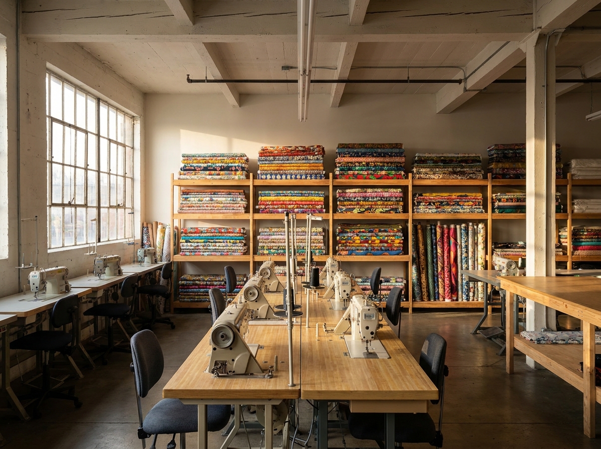 A sewing workshop with colorful fabrics and sewing machines ready for a DIY event.