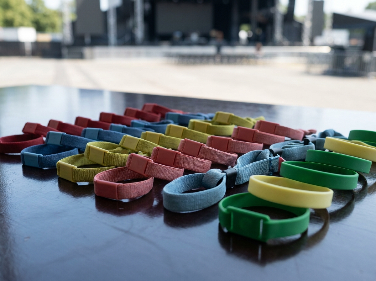 Different colored wristbands for VIP and general admission at a dance event.