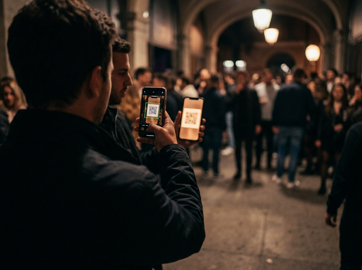 An event organizer scanning a ticket QR code on a phone at a club entrance.