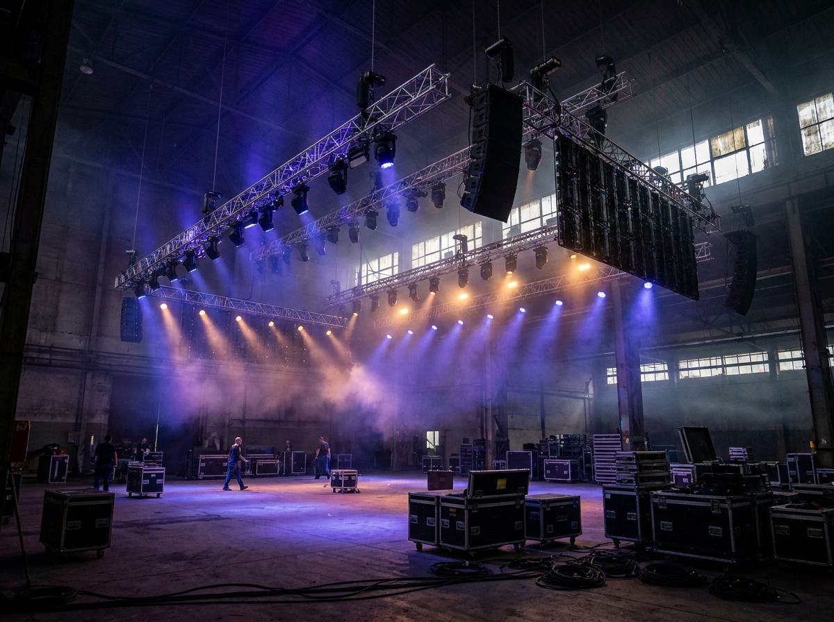 An empty warehouse prepared with lighting and sound systems for a DJ event.