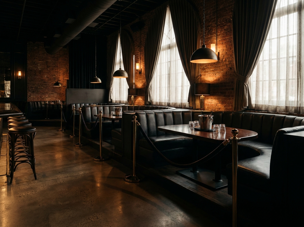 An empty VIP booth in a nightclub, prepared for a DJ night.