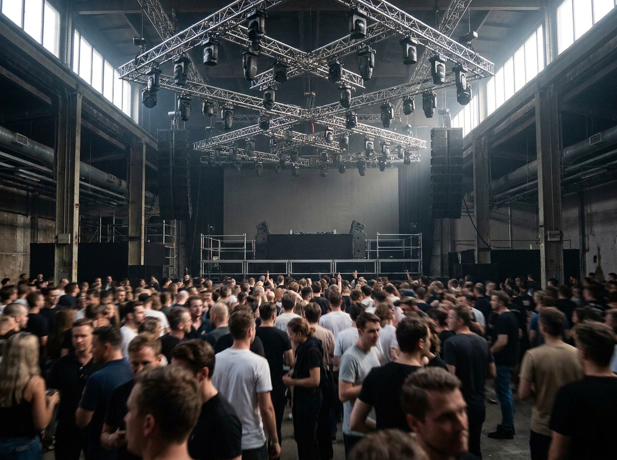 View of a DJ booth and impressive lighting rig from the dance floor of a club.