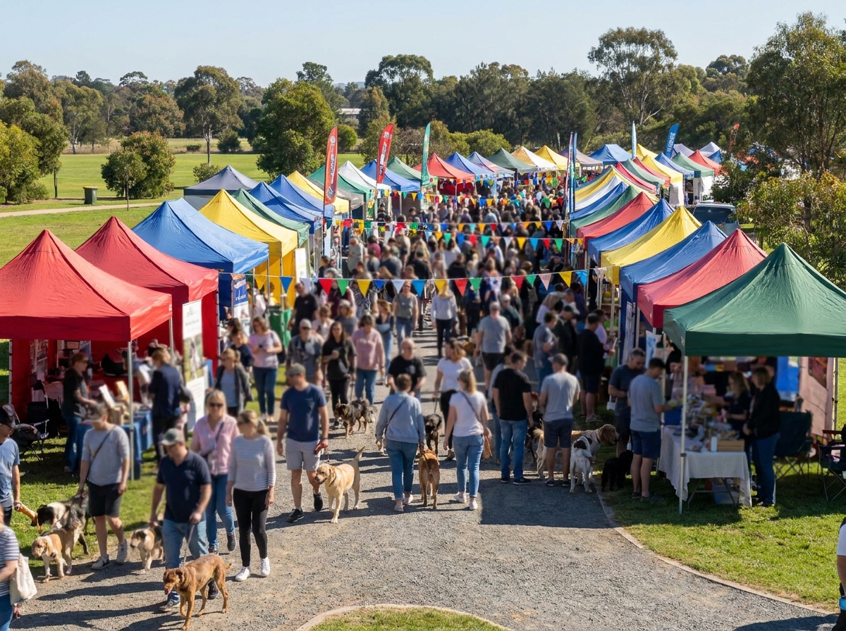A bustling outdoor pet fair with many attendees and their dogs.