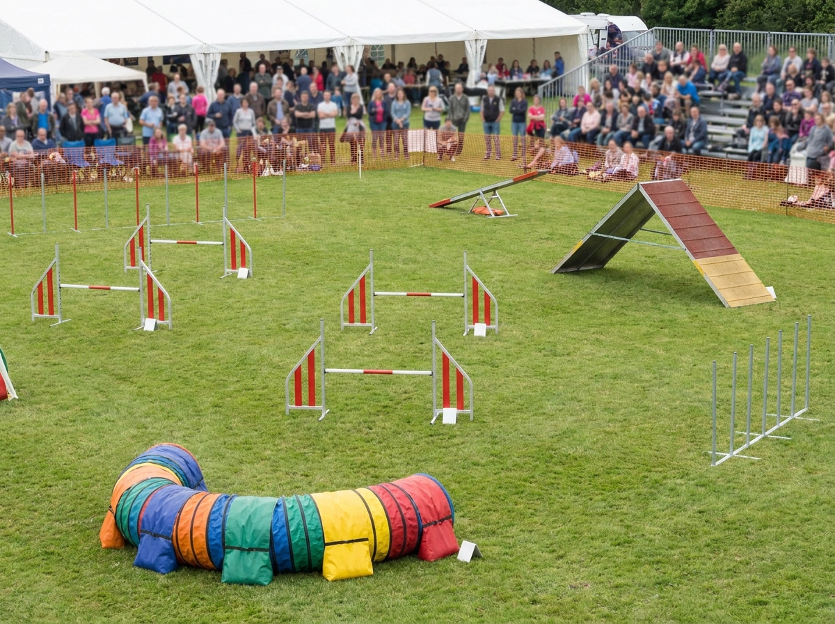 An empty dog agility course with various obstacles ready for competition.