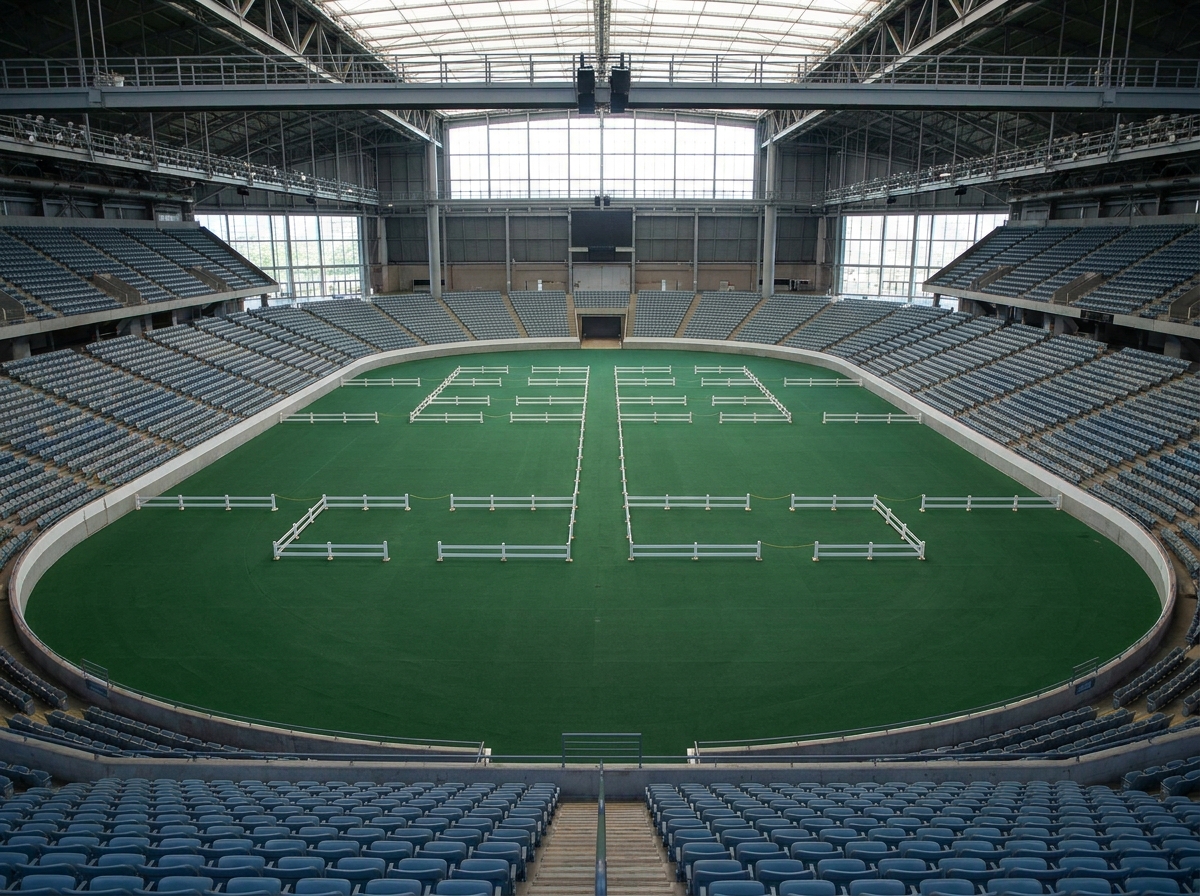 An empty indoor arena set up with multiple show rings for a dog competition.