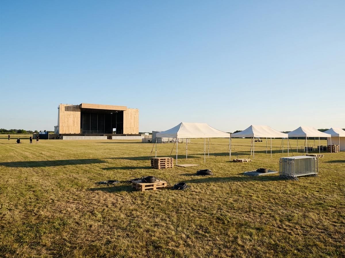 An outdoor festival ground in Dover being prepared for an event.