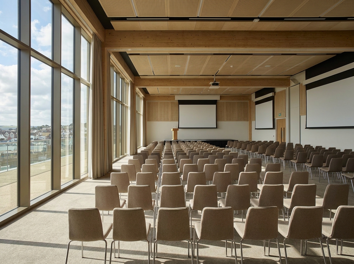 An empty conference room set up for a corporate event.