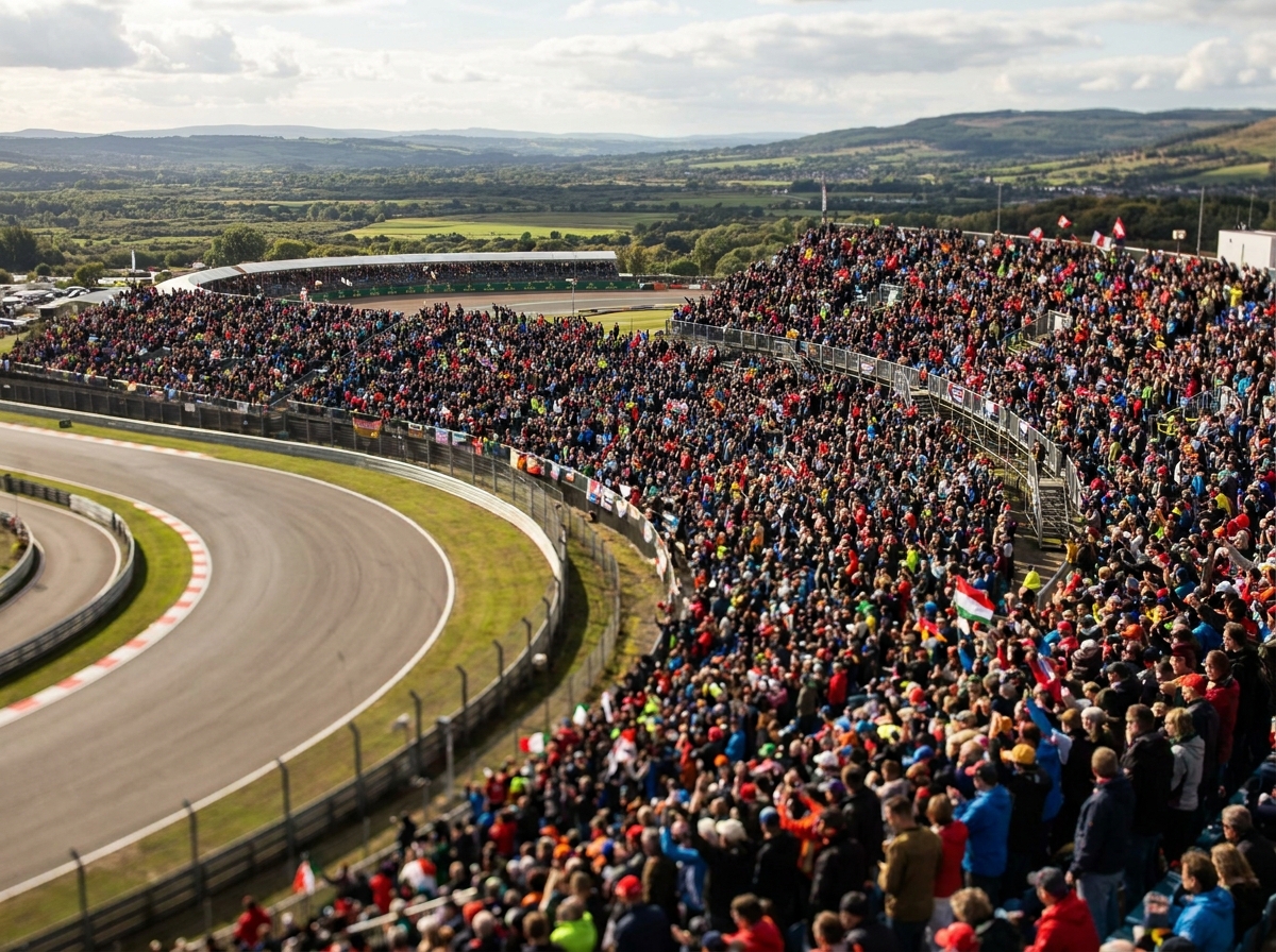 A large crowd of spectators cheering in the stands at a drag racing event.