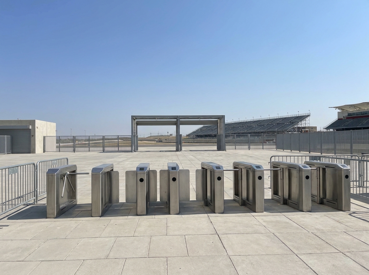 The main entrance gate to a racetrack, prepared for race day tickets and check-in.