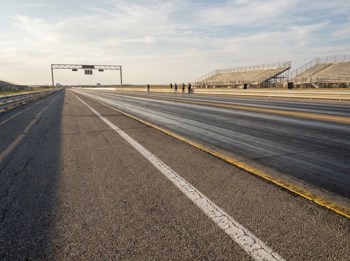 View down the length of an empty quarter mile drag strip towards the finish line.
