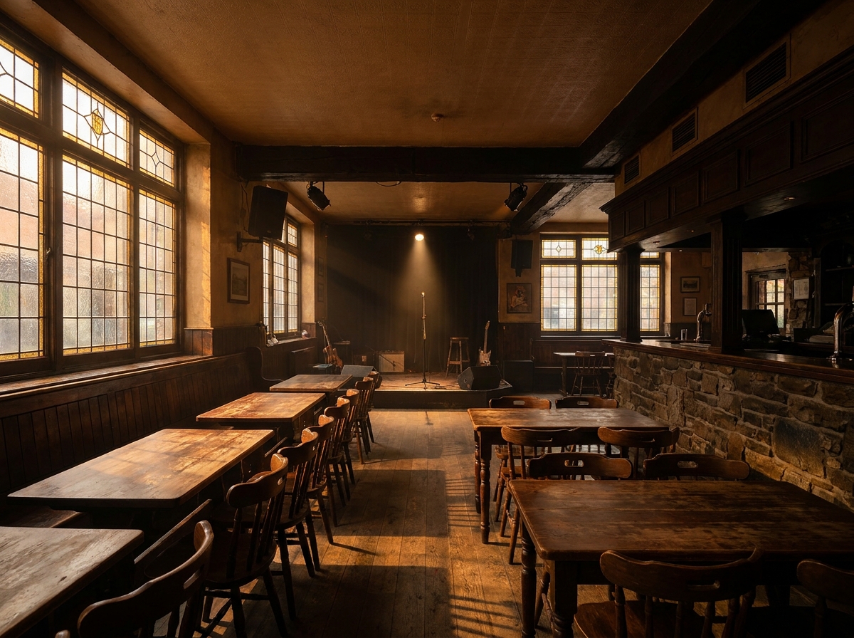 The interior of a classic Dublin pub, set up for a comedy night.
