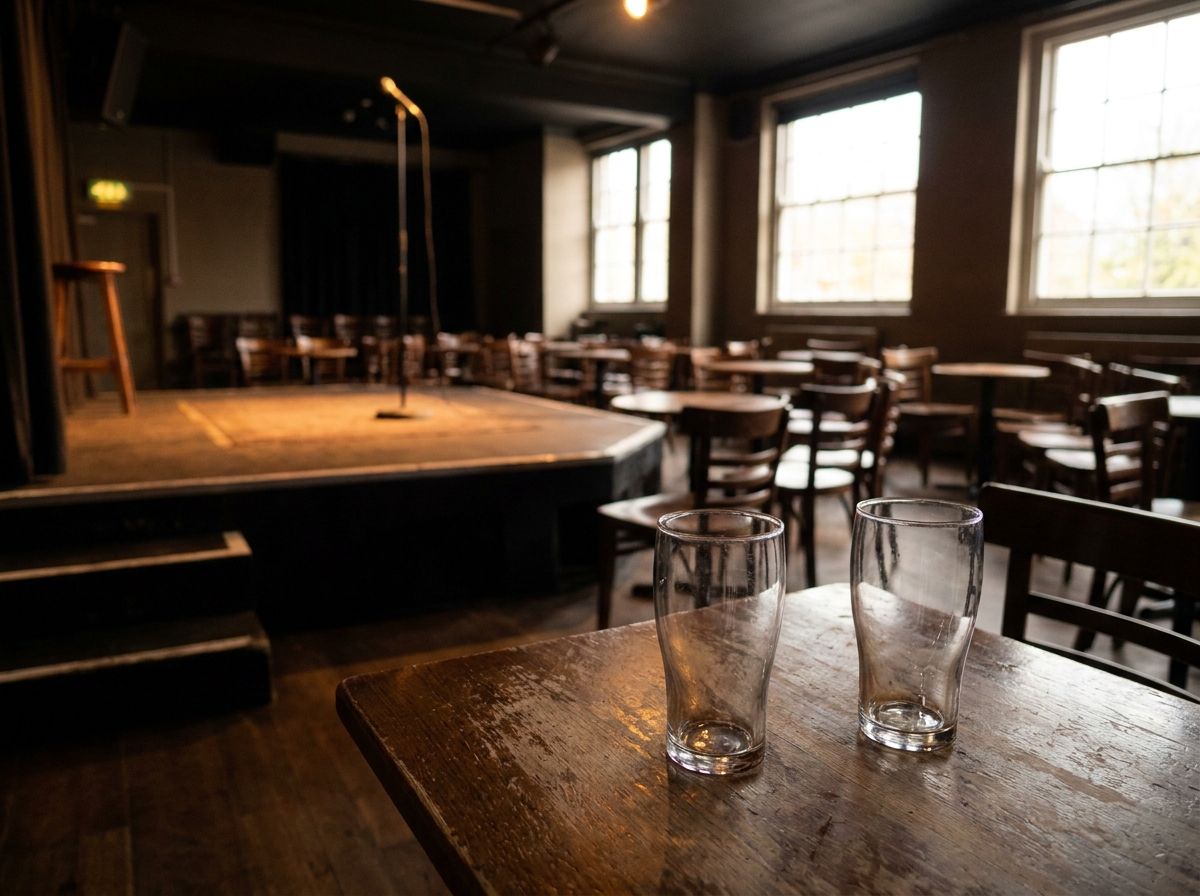 A table at a comedy club in Dublin, ready for the audience.