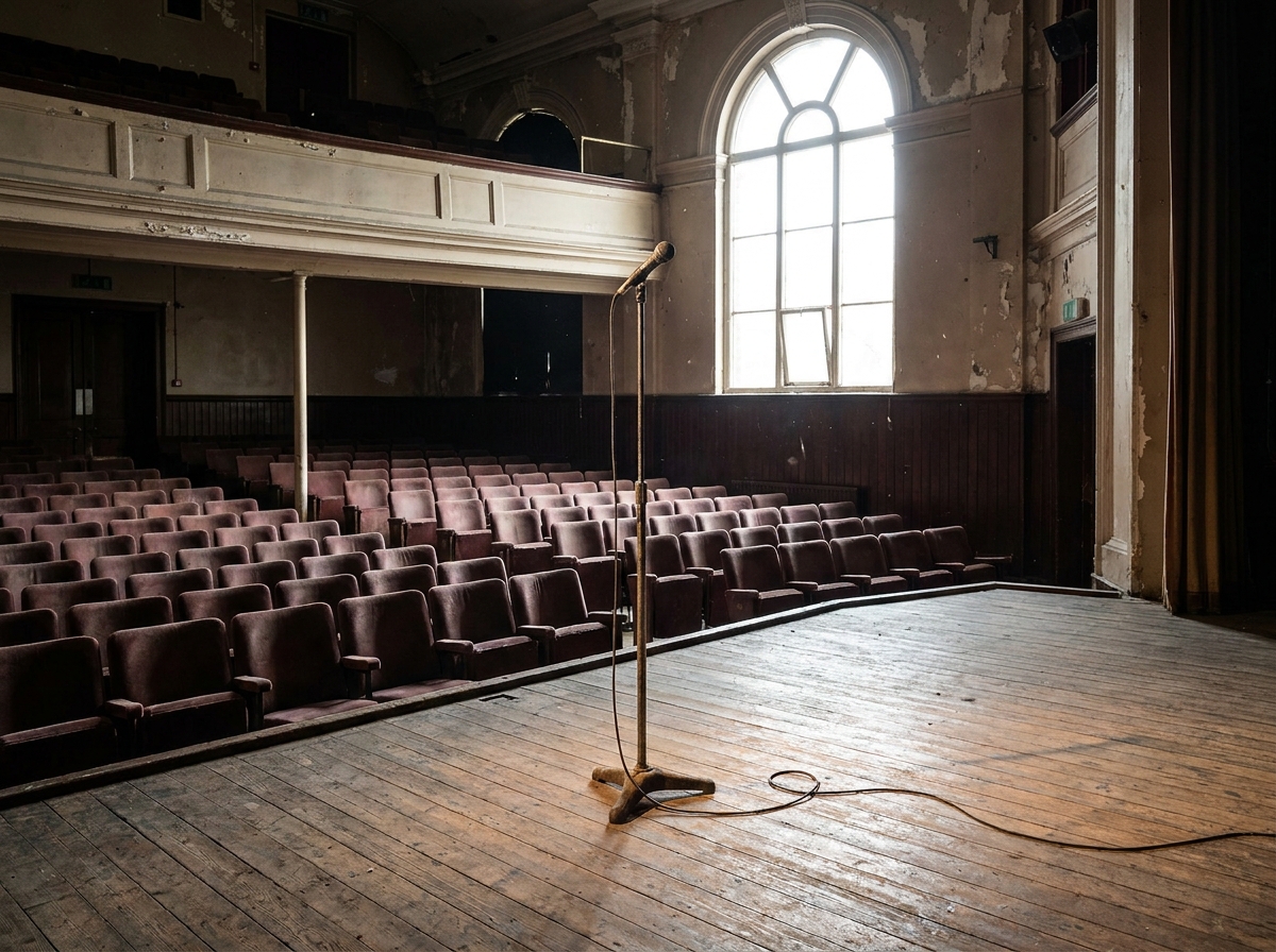View from the stage of a small theatre in Dublin before a comedy show.