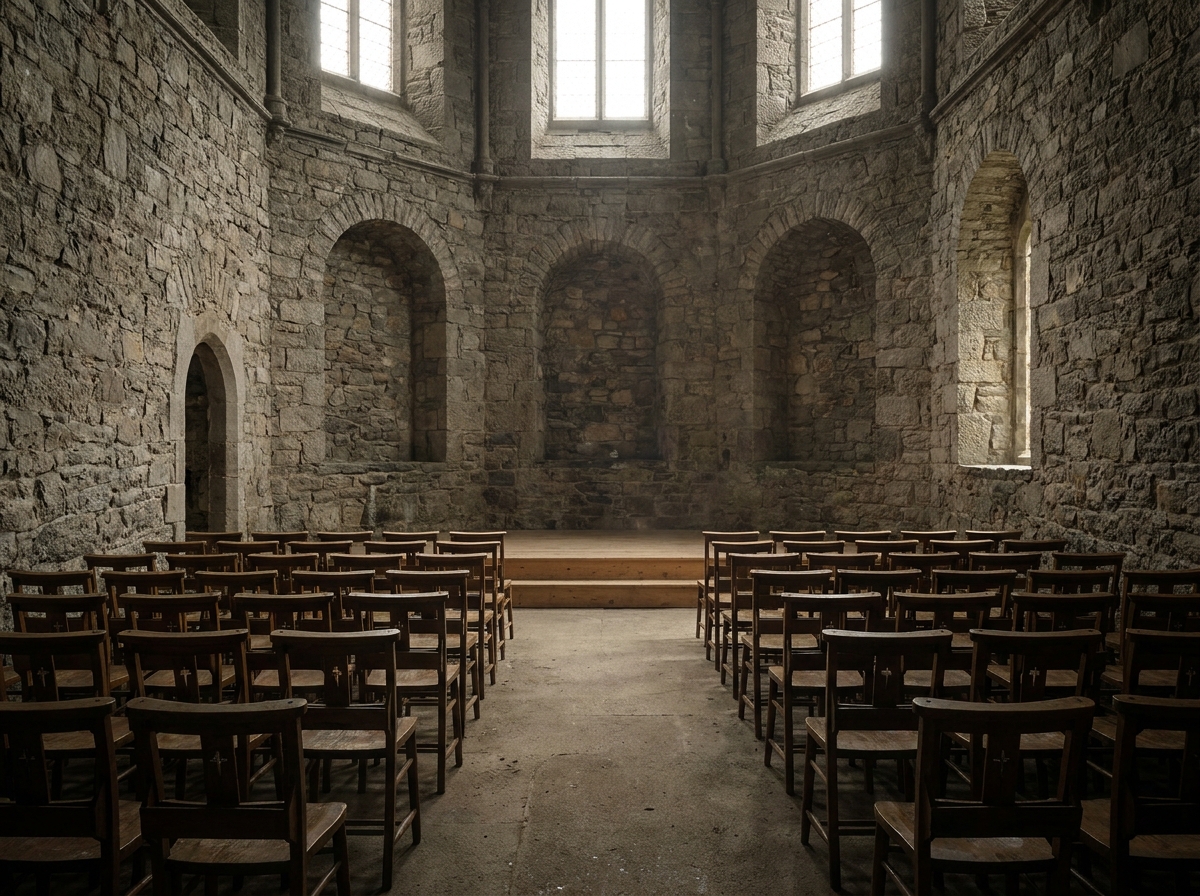 An intimate venue in Dublin prepared for a stand-up comedy event.
