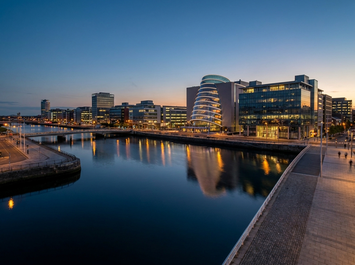 The modern architecture of Dublin's Docklands at twilight, a setting for corporate events.