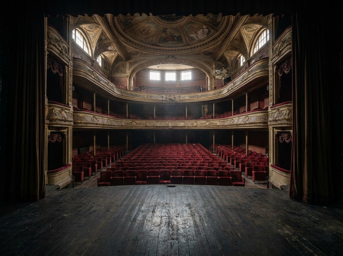 Empty seats in a historic Dublin theatre, ready for an audience.