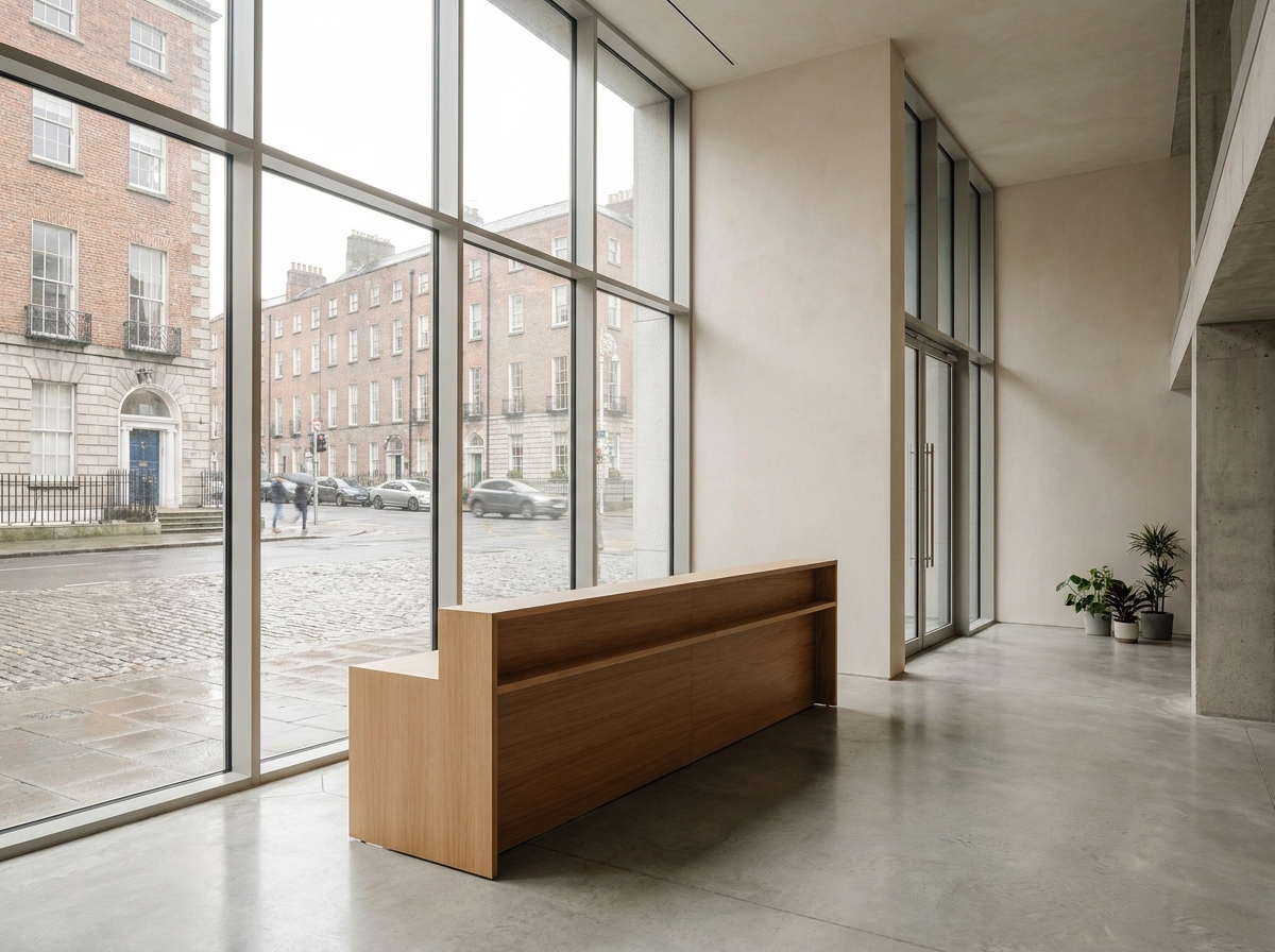 A modern event venue entrance in Dublin, prepared for attendee check-in.