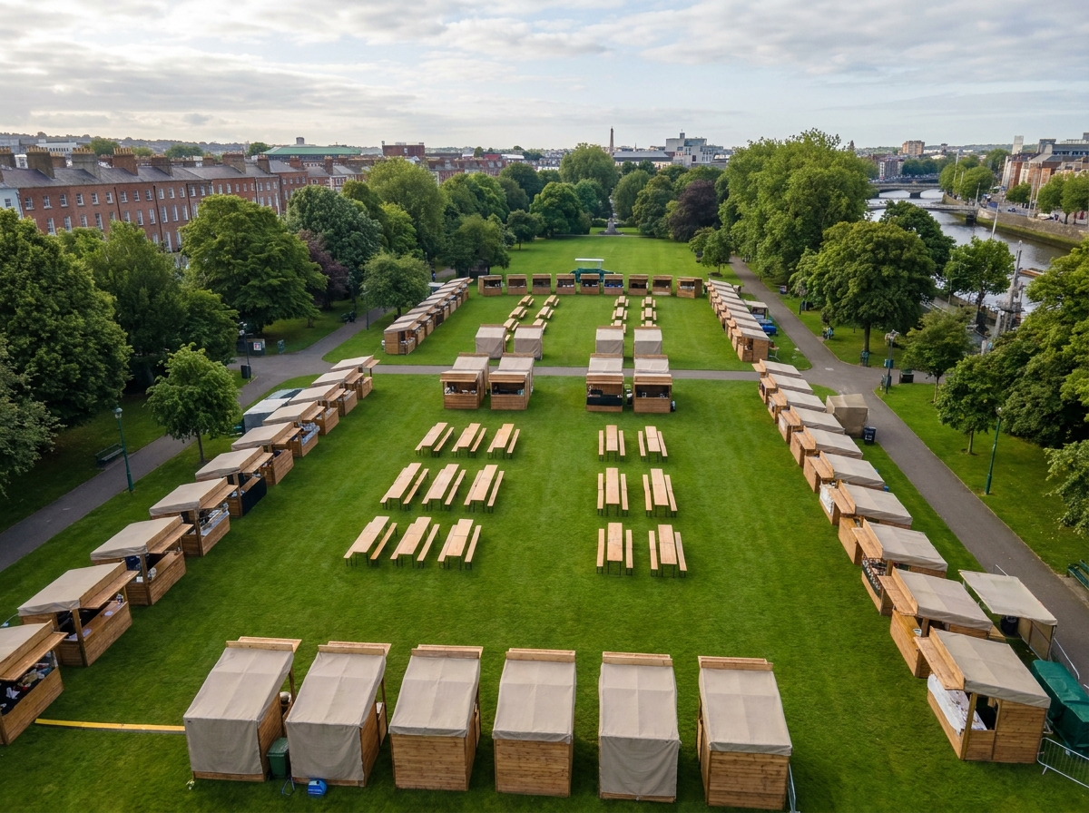 An empty outdoor food festival setup in a Dublin park, viewed from above.