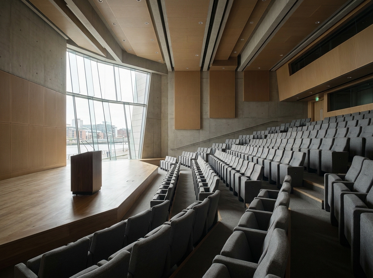 An empty stage and seating in a Dublin venue for professional events.