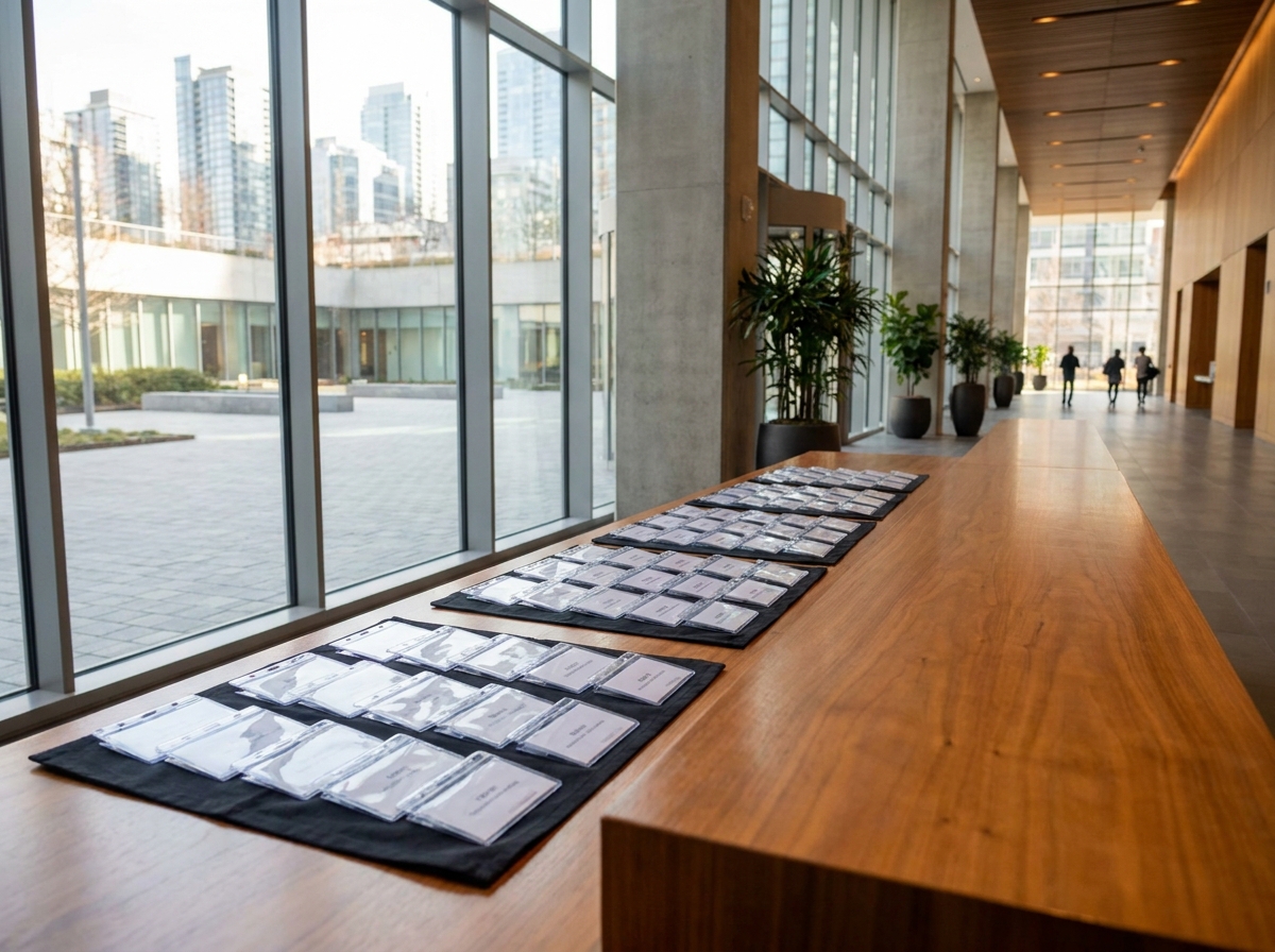 A registration desk prepared for a business event in Dublin.