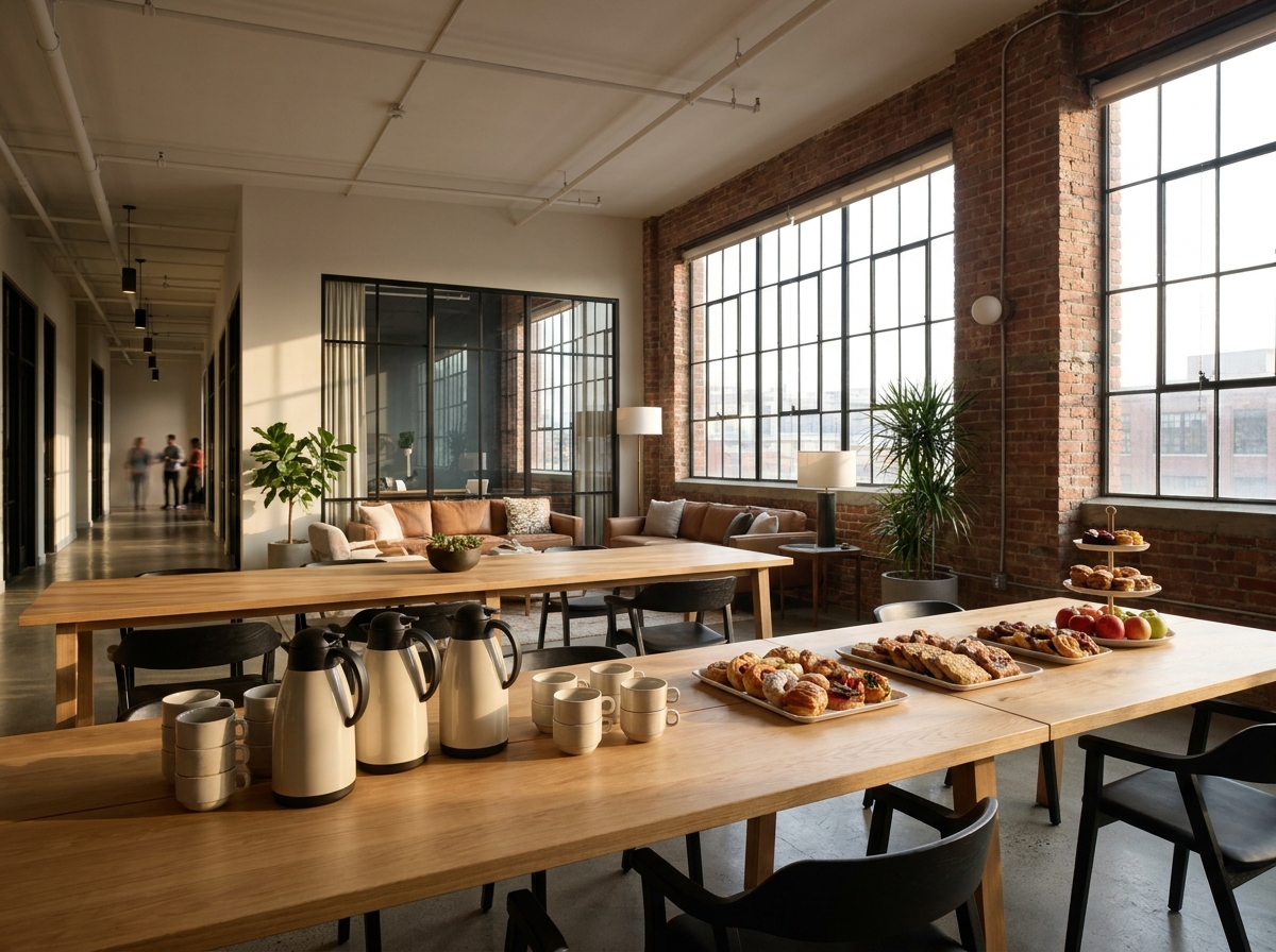A networking event space in a Dublin co-working office, ready for guests.