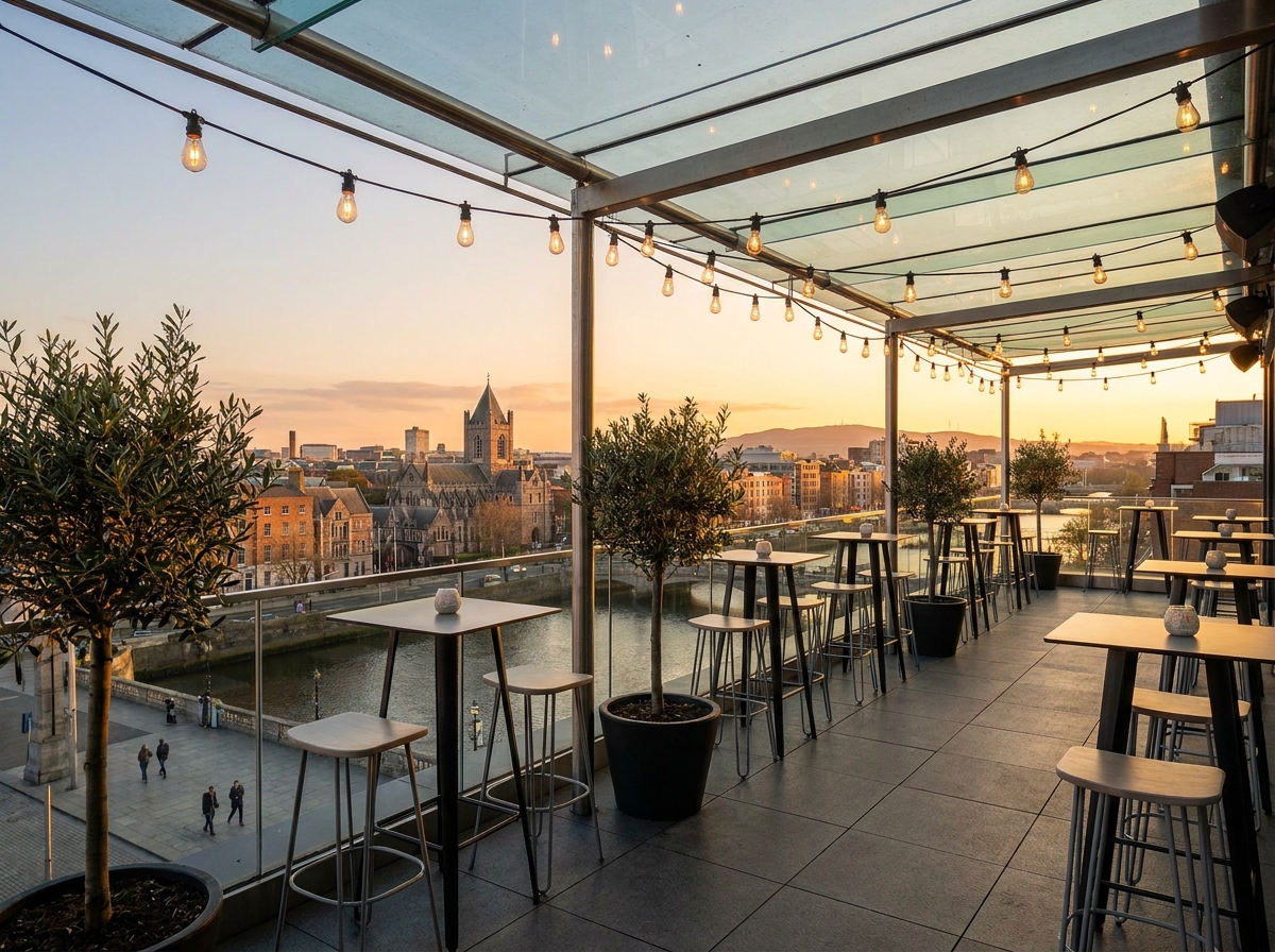 An empty rooftop venue in Dublin prepared for a networking event.