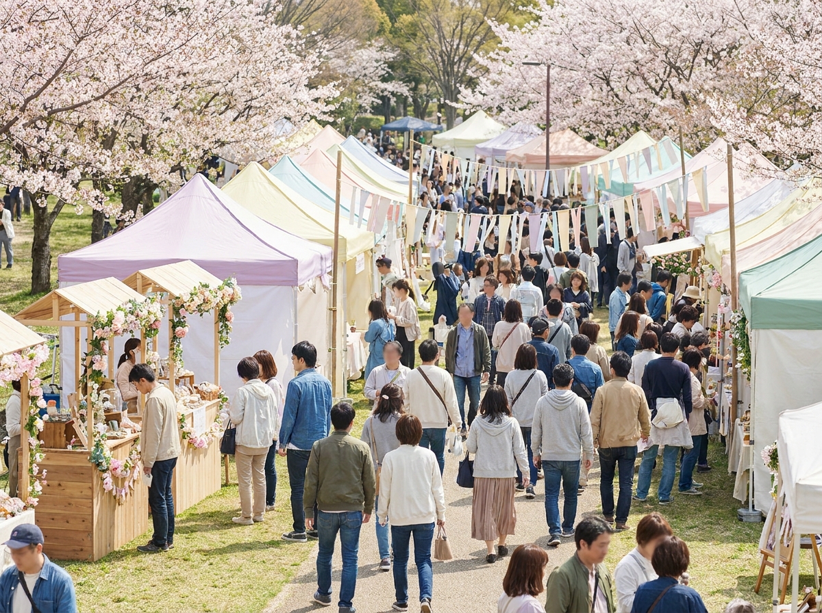 A bustling outdoor Easter festival with attendees browsing various stalls.