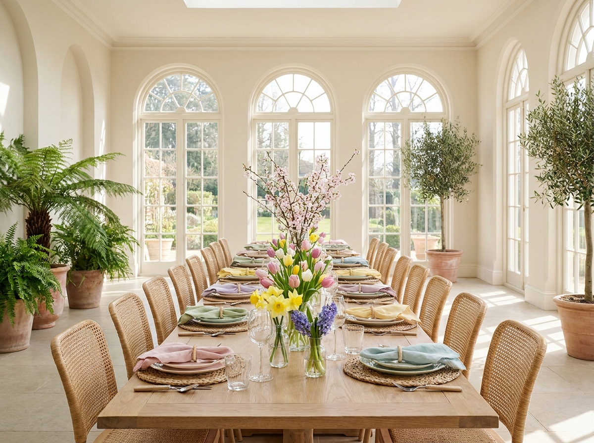 A beautifully decorated table prepared for a formal Easter brunch event.