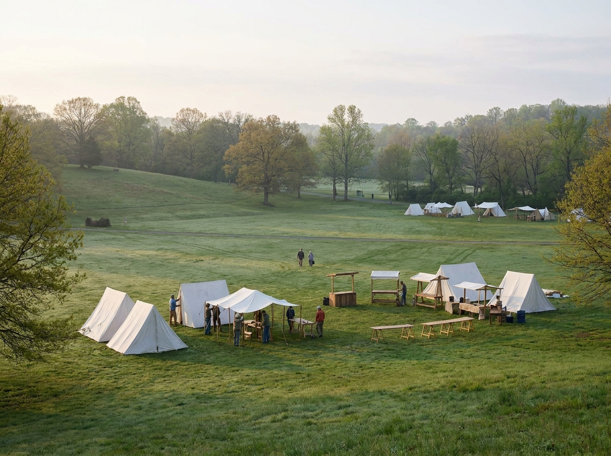 A park being prepared on a quiet morning for a large community Easter festival.