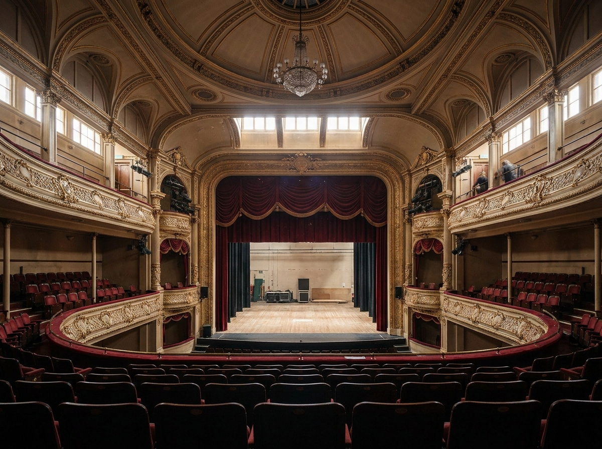 An empty historic theatre in Edinburgh, set up for a comedy performance.