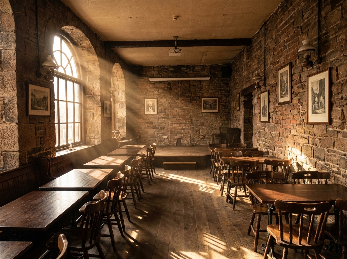 An empty pub performance space in Edinburgh, ready for a comedy show.