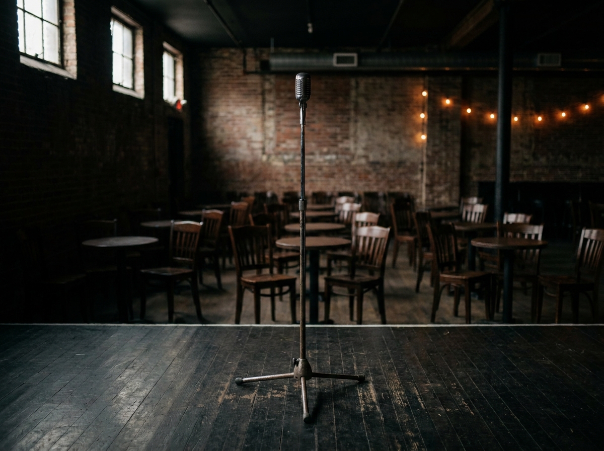 A microphone on a stand on an empty comedy stage.